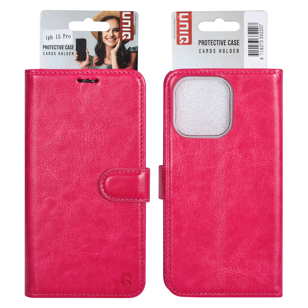 UNIQ Accessory iPhone 15 Pro Book Case hoesje - Pasjeshouder voor 3 pasjes - Magneetsluiting - Hanger - Felroze-Hoesjes-Ilumina Benelux