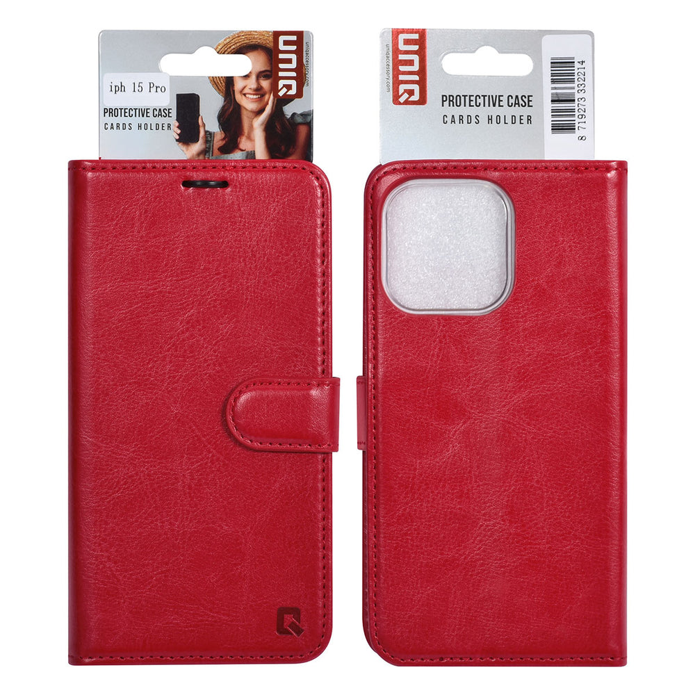 UNIQ Accessory iPhone 15 Pro Book Case hoesje - Pasjeshouder voor 3 pasjes - Magneetsluiting - Hanger - Rood-Hoesjes-Ilumina Benelux