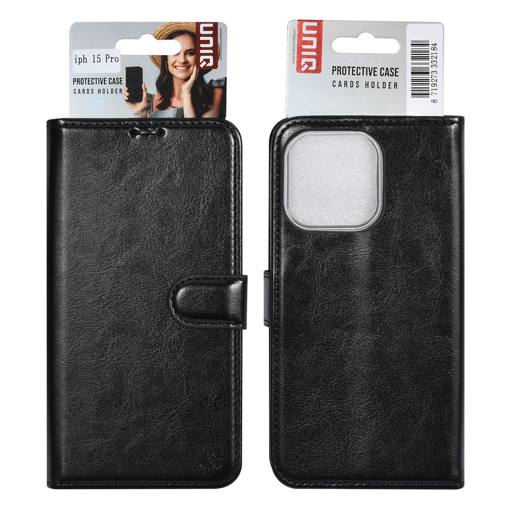 UNIQ Accessory iPhone 15 Pro Book Case hoesje - Pasjeshouder voor 3 pasjes - Magneetsluiting - Hanger - Zwart-Hoesjes-Ilumina Benelux