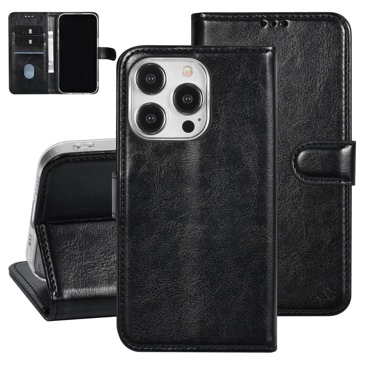 UNIQ Accessory iPhone 15 Pro Book Case hoesje - Pasjeshouder voor 3 pasjes - Magneetsluiting - Hanger - Zwart-Hoesjes-Ilumina Benelux