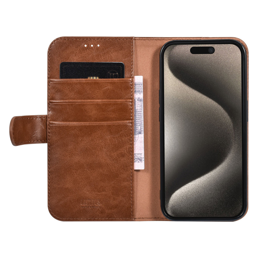 UNIQ Accessory iPhone 15 Pro Book Case hoesje - Pasjeshouder voor 3 pasjes - Magneetsluiting - LichtBruin-Hoesjes-Ilumina Benelux