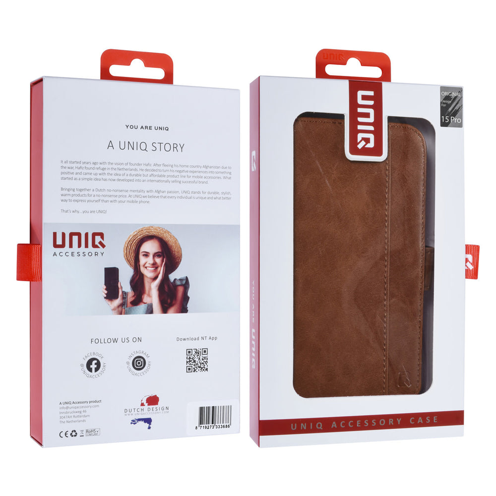 UNIQ Accessory iPhone 15 Pro Book Case hoesje - Pasjeshouder voor 3 pasjes - Magneetsluiting - LichtBruin-Hoesjes-Ilumina Benelux