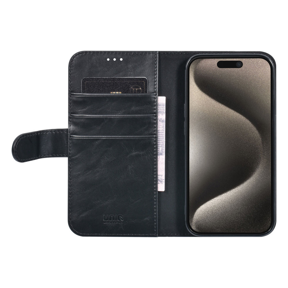 UNIQ Accessory iPhone 15 Pro Book Case hoesje - Pasjeshouder voor 3 pasjes - Magneetsluiting - Zwart-Hoesjes-Ilumina Benelux