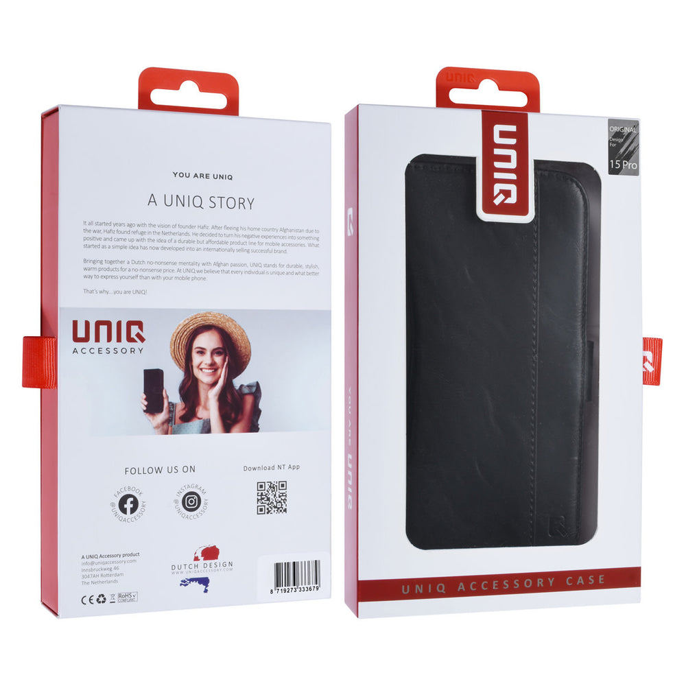 UNIQ Accessory iPhone 15 Pro Book Case hoesje - Pasjeshouder voor 3 pasjes - Magneetsluiting - Zwart-Hoesjes-Ilumina Benelux