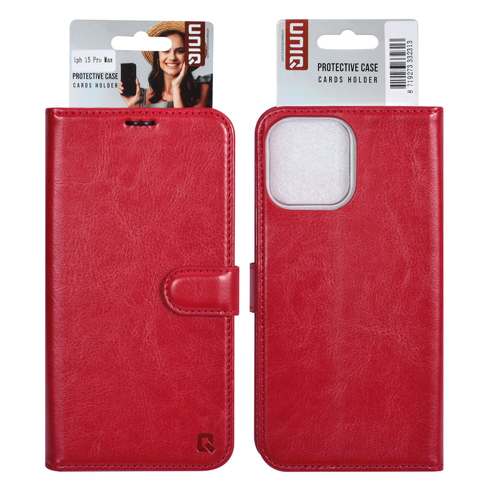 UNIQ Accessory iPhone 15 Pro Max Book Case hoesje - Pasjeshouder voor 3 pasjes - Magneetsluiting - Hanger - Rood-Hoesjes-Ilumina Benelux