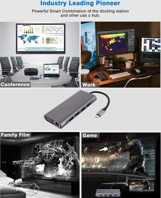 USB-C Hub Docking Station – 11-in-1 – HDMI 4K & VGA – LAN – 4x USB 3.0 – USB-C PD 87W – SD/TF – Zwart-Ilumina Benelux