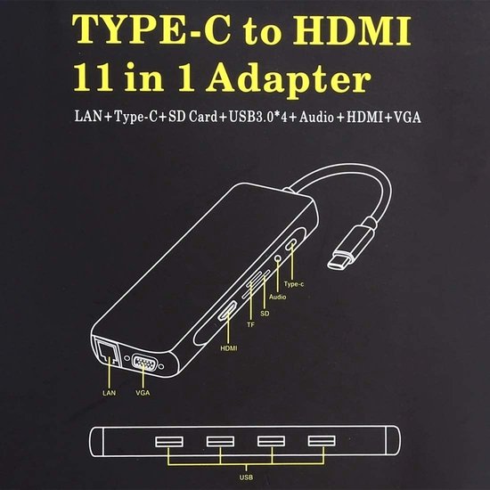 USB-C Hub Docking Station – 11-in-1 – HDMI 4K & VGA – LAN – 4x USB 3.0 – USB-C PD 87W – SD/TF – Zwart-Ilumina Benelux