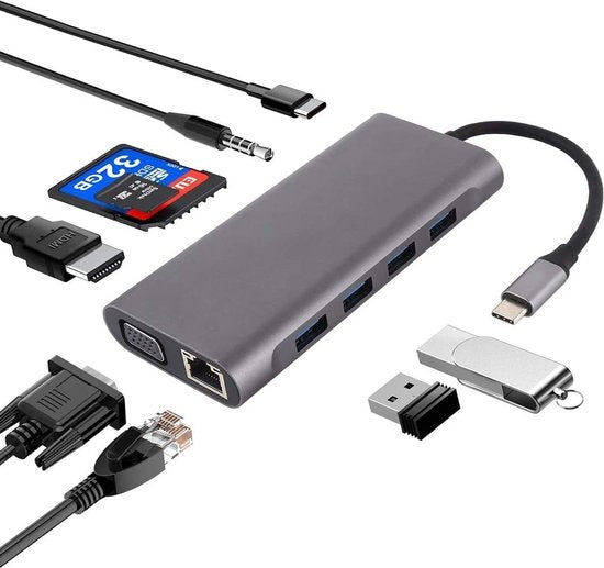 USB-C Hub Docking Station – 11-in-1 – HDMI 4K & VGA – LAN – 4x USB 3.0 – USB-C PD 87W – SD/TF – Zwart-Ilumina Benelux