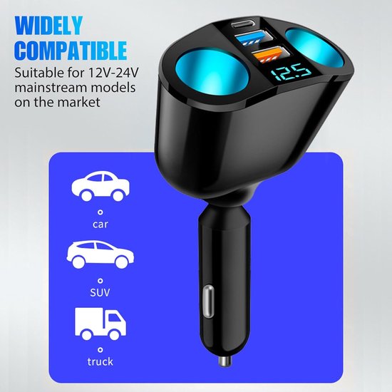 USB-C autolader – Sigarettenaansteker splitter – PD & QC3.0 snelladen – LED voltmeter – 12V/24V-Oplader-Ilumina Benelux