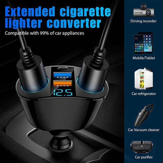 USB-C autolader – Sigarettenaansteker splitter – PD & QC3.0 snelladen – LED voltmeter – 12V/24V-Oplader-Ilumina Benelux