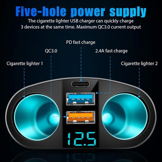USB-C autolader – Sigarettenaansteker splitter – PD & QC3.0 snelladen – LED voltmeter – 12V/24V-Oplader-Ilumina Benelux