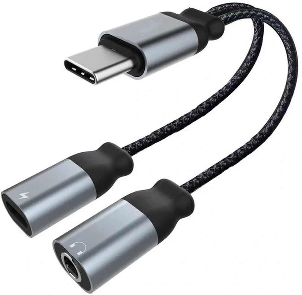 USB-C naar 3.5mm Adapter – 2-in-1 Audio Jack + Opladen Splitter – Mic/Aux – Snelladen – Geschikt voor iPhone/iPad/Galaxy S25/S24/S23-Ilumina Benelux