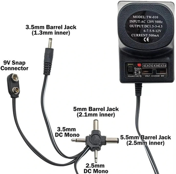 Universele AC/DC Adapter – 9W 500mA – 1,5-12V Instelbaar – 9V Batterij Snap Connector – Zwart-Voedingsadapter-Ilumina Benelux