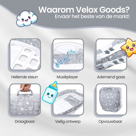 Velox Goods VL-516 Baby reisbed – Opvouwbaar reisbedje – Veilig & comfortabel – Voor pasgeborenen en baby’s – Grijs-Ilumina Benelux