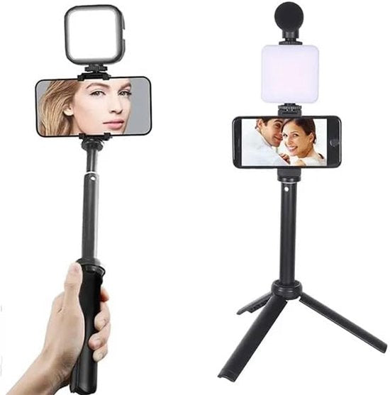 Videostatief – Met Microfoon & LED-verlichting – Lichtgewicht Draagbaar – Voor Smartphone & Camera – Zwart-Ilumina Benelux