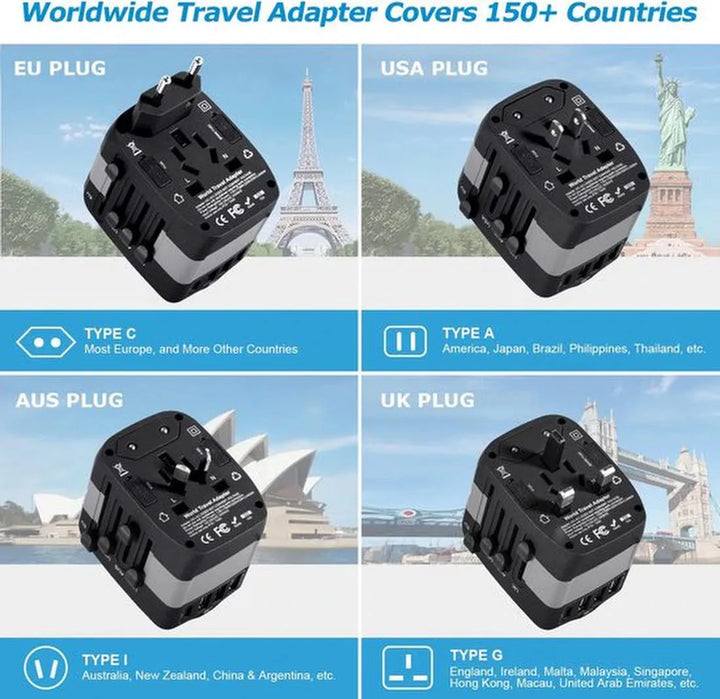 Wereldstekker reisadapter – 4x USB-C + USB – 150+ landen EU/UK/USA/AU – Snelladen – Zwart-Ilumina Benelux