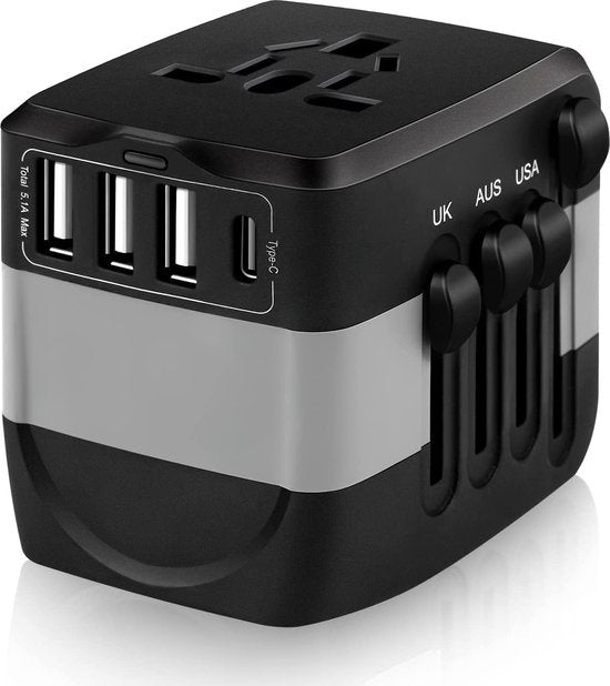 Wereldstekker reisadapter – 4x USB-C + USB – 150+ landen EU/UK/USA/AU – Snelladen – Zwart-Ilumina Benelux