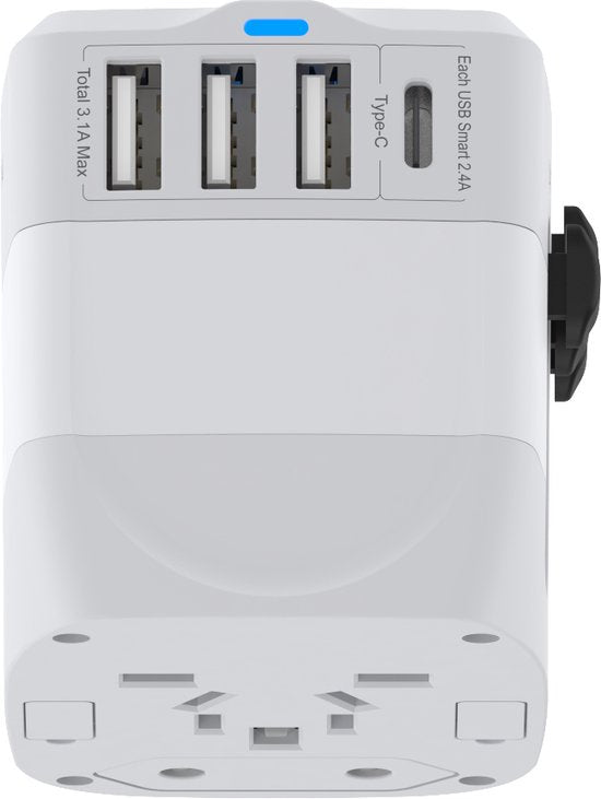 Wereldstekker reisadapter – 4x USB-C + USB – Voor 150+ landen EU/UK/USA/AU/Azië – Snelladen – Wit-Ilumina Benelux