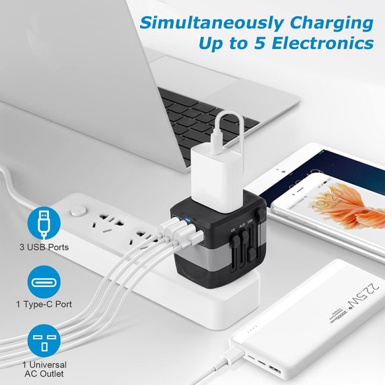 Wereldstekker reisadapter – 4x USB-C + USB – Voor 150+ landen EU/UK/USA/AU/Azië – Snelladen – Wit-Ilumina Benelux