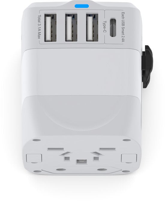 Wereldstekker reisadapter – 4x USB-C + USB – Voor 150+ landen EU/UK/USA/AU/Azië – Snelladen – Wit-Ilumina Benelux
