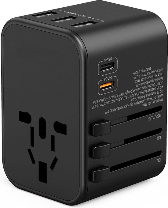 Wereldstekker reisadapter – 5-in-1 – 3x USB-A + 2x USB-C – 35.5W snelladen – EU/UK/VS/AU/Azië – Wit-Ilumina Benelux