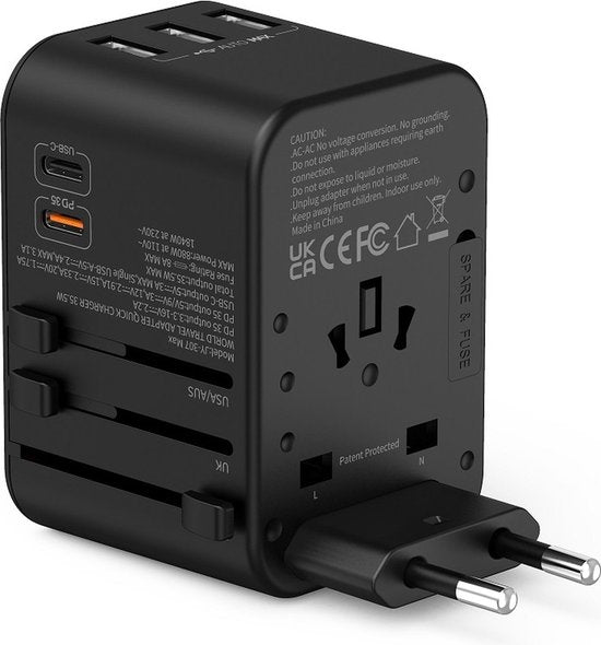 Wereldstekker reisadapter – 5-in-1 – 3x USB-A + 2x USB-C – 35.5W snelladen – EU/UK/VS/AU/Azië – Wit-Ilumina Benelux