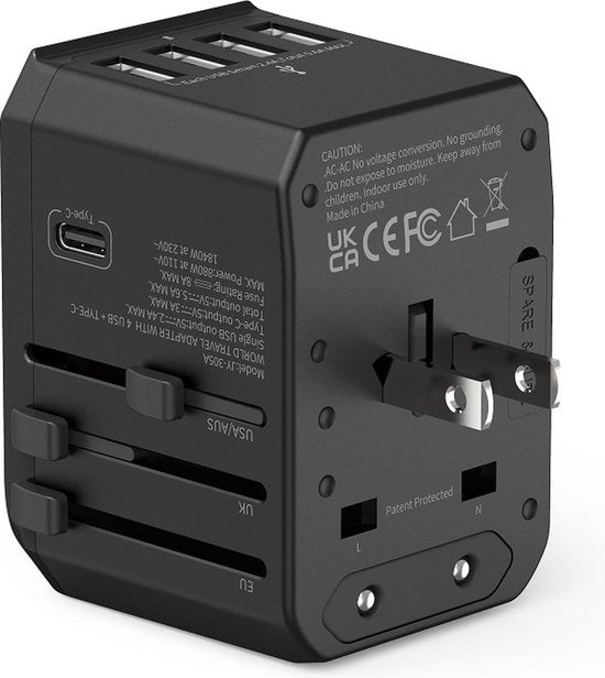 Wereldstekker reisadapter – 5-in-1 – 3x USB-A + 2x USB-C – 35.5W snelladen – EU/UK/VS/AU/Azië – Wit-Ilumina Benelux