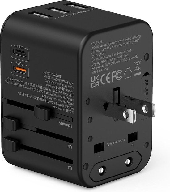 Wereldstekker reisadapter – 5-in-1 – 3x USB-A + 2x USB-C – 35.5W snelladen – EU/UK/VS/AU/Azië – Wit-Ilumina Benelux