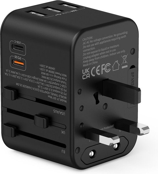 Wereldstekker reisadapter – 5-in-1 – 3x USB-A + 2x USB-C – 35.5W snelladen – EU/UK/VS/AU/Azië – Wit-Ilumina Benelux