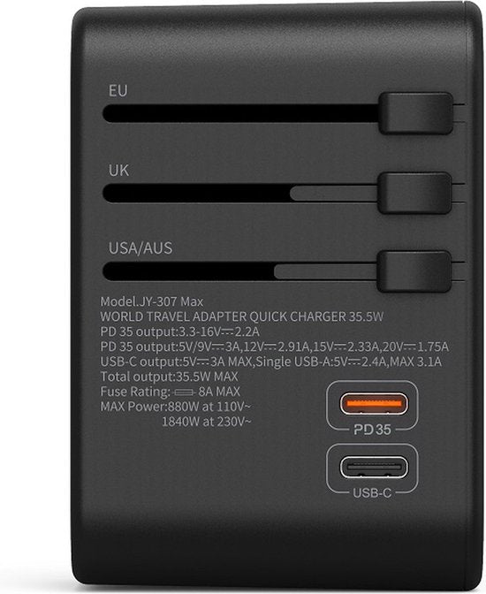 Wereldstekker reisadapter – 5-in-1 – 3x USB-A + 2x USB-C – 35.5W snelladen – EU/UK/VS/AU/Azië – Wit-Ilumina Benelux