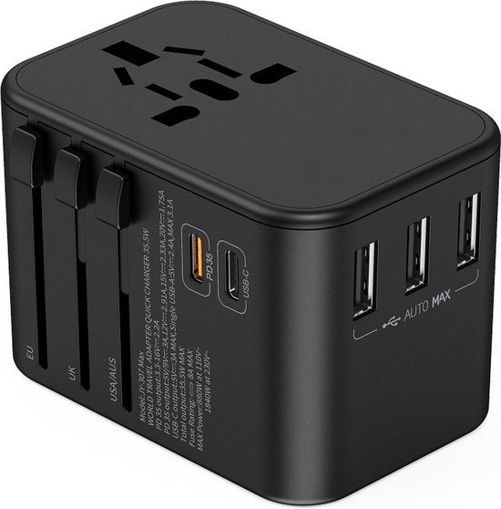Wereldstekker reisadapter – 5-in-1 – 3x USB-A + 2x USB-C – 35.5W snelladen – EU/UK/VS/AU/Azië – Wit-Ilumina Benelux