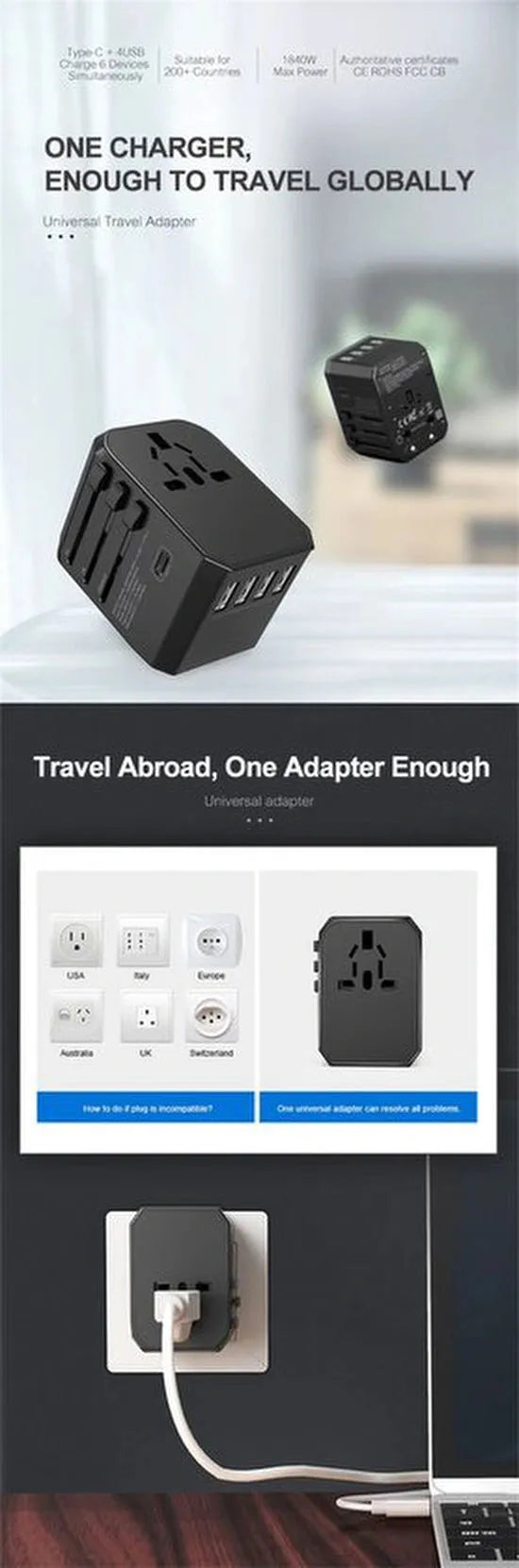 Wereldstekker reisadapter – UK/EU/US/AUS – 4 USB + USB-C – Universeel – Zwart-Ilumina Benelux