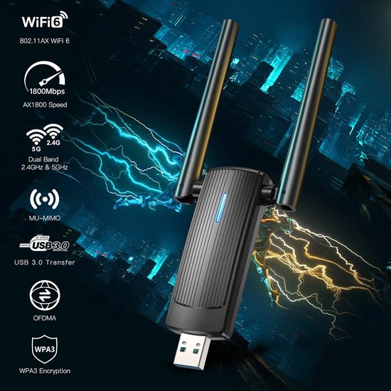 WiFi 6 USB-adapter – USB 3.0 – AX1800 Dualband 5GHz/2,4GHz – Dual antenne – Windows/Mac OS – Zwart-Ilumina Benelux