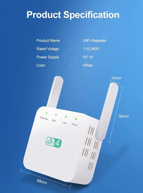 WiFi Extender – 300Mbps 2.4GHz – Signaalversterker met 2 Antennes – Repeater/Router/AP-modus – Wit-Ilumina Benelux