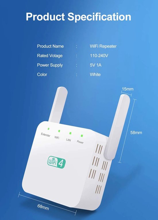 WiFi Repeater – 300 Mbps WiFi Extender – WPS Knop – Super WiFi Booster – Wit-Ilumina Benelux
