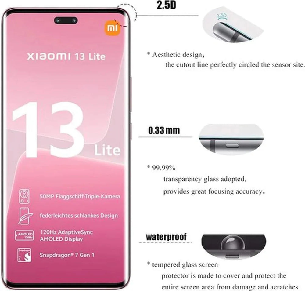 Xiaomi 13 Lite Screenprotector Full Cover Screenprotector Gehard 9H – 4-Pack-Ilumina Benelux