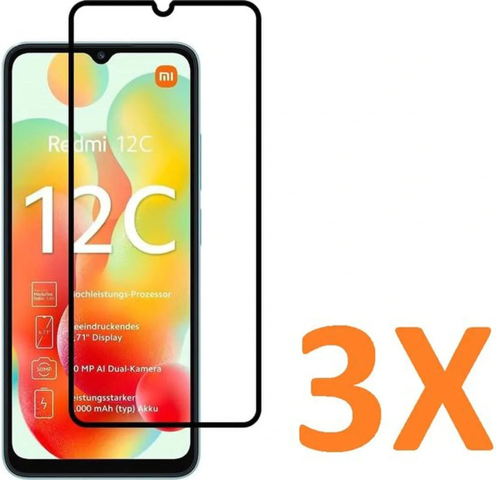 Xiaomi Redmi 12C Screenprotector Full Cover Screenprotector Gehard 9H – 3-Pack-Ilumina Benelux