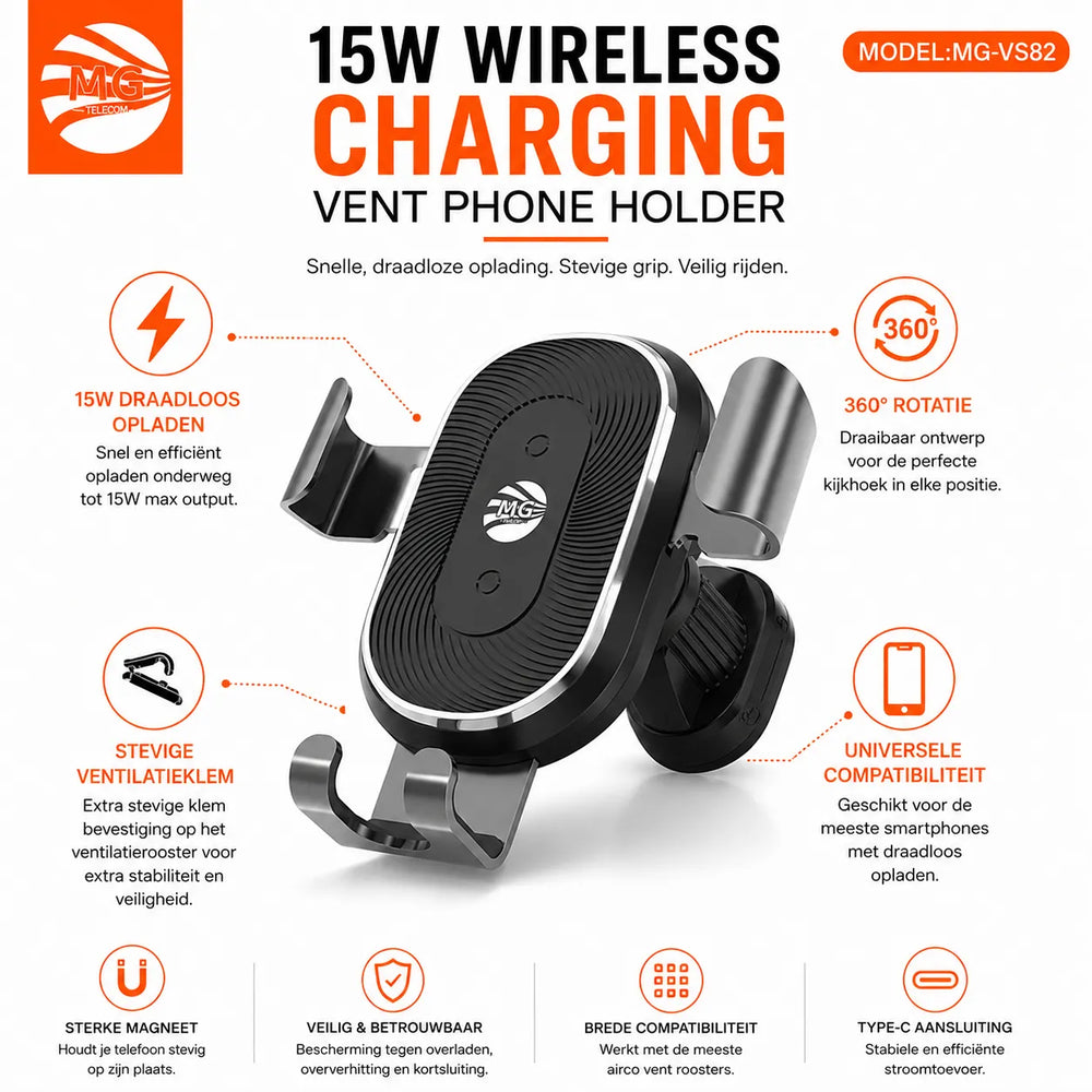 Draadloze Auto Telefoonhouder met 15W Snelladen – Ventilatierooster – Zwart-Ilumina Benelux