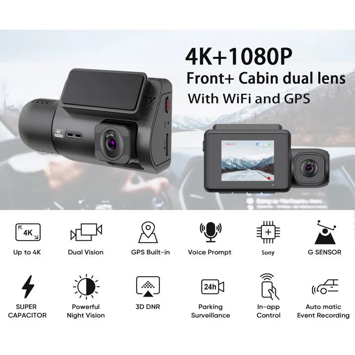 4K Dashcam Voorruit + Interieur Camera met GPS – 2160P Front & 1080P Cabin – WiFi App – Parkeermodus – 256GB Ondersteuning