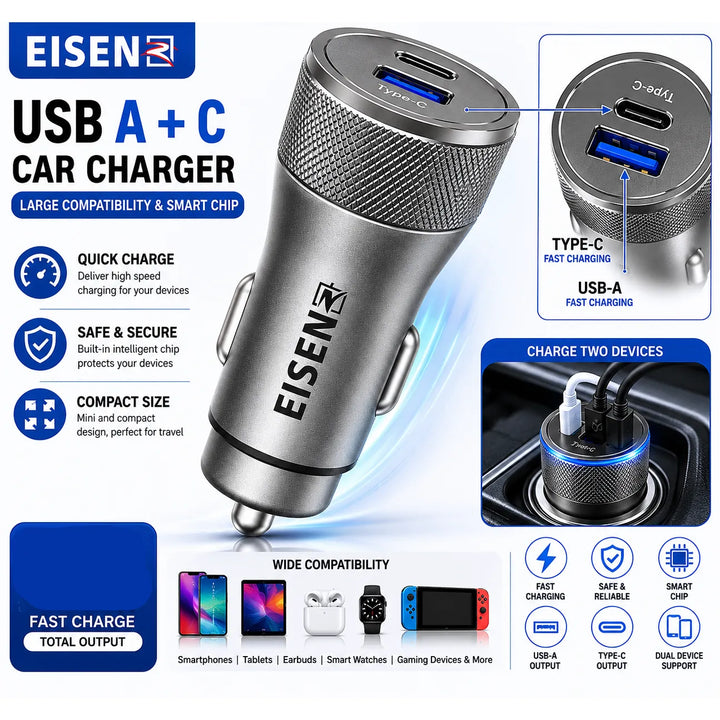 38W USB-C + USB-A Fast Charge Autolader PD & QC Zilver-Ilumina Benelux