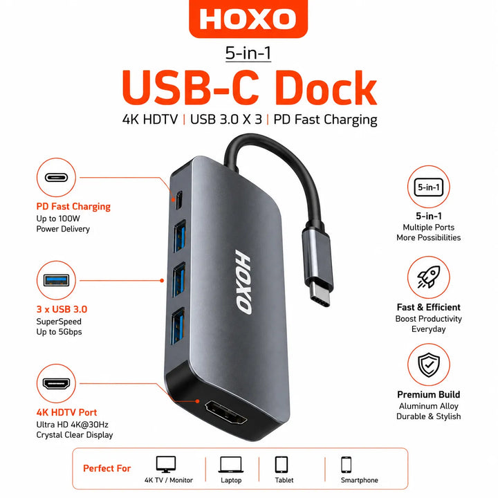 USB-C Hub 5-in-1 - USB-C Docking Station met HDMI 4K - 3x USB 3.0 - PD Fast Charging - Type-C Adapter voor Laptop, MacBook & Tablet-Ilumina Benelux