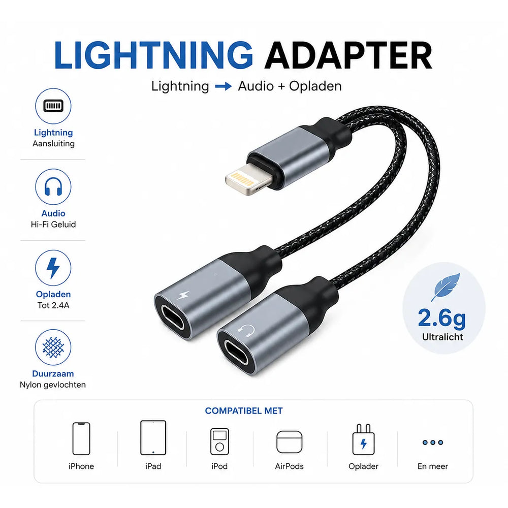Lightning naar 3.5mm Adapter - 2-in-1 Audio Jack + Opladen Splitter - Mic/Aux - Snelladen - Geschikt voor iPhone & iPad-Ilumina Benelux