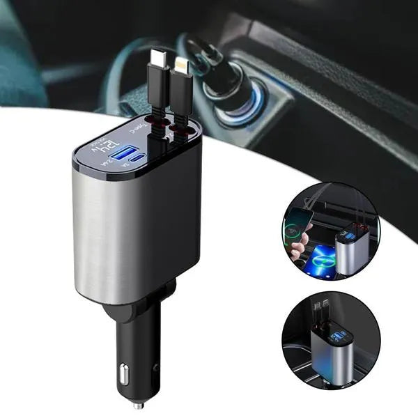 45W Fast Charge Autolader met Oprolbare USB-C & Lightning Kabel USB-C + USB-A-Ilumina Benelux