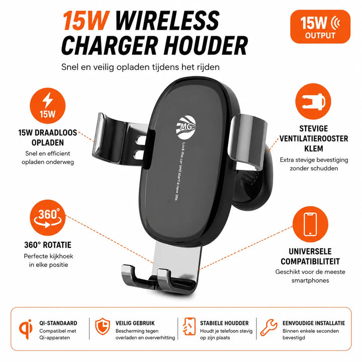 15W Fast Charge Autohouder – Draadloze Telefoonhouder voor Ventilatierooster-Ilumina Benelux