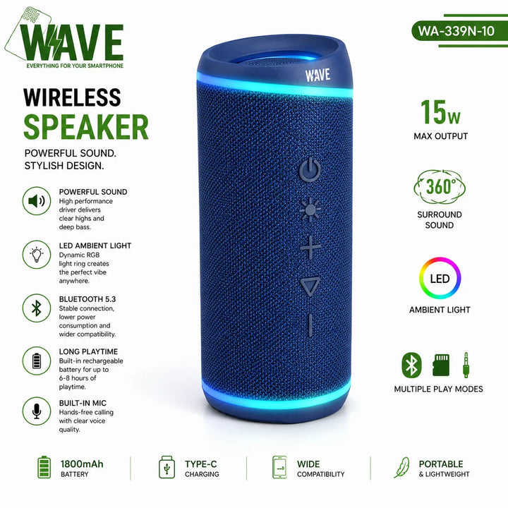 Draadloze Bluetooth Speaker 15W – RGB Verlichting – Bluetooth 5.3 – 360° Geluid – Blauw-Ilumina Benelux