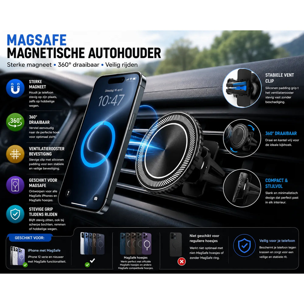 MagSafe Magnetische Autohouder – Ventilatierooster Telefoonhouder – 360° Draaibaar – Zwart