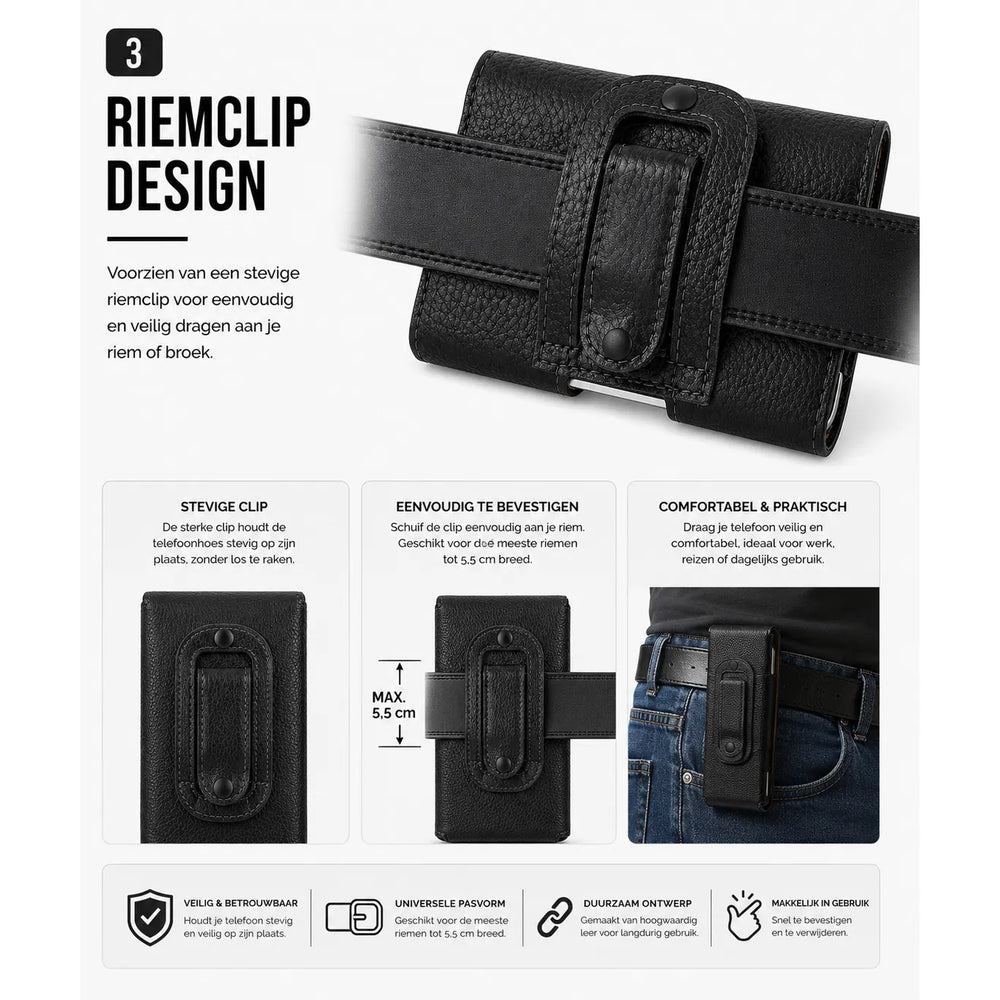 Heuptas voor Smartphone – PU Lederen Telefoontas met Riemlus – XXL 6,5 t/m 7,0 inch – Riemtas – Zwart-Ilumina Benelux