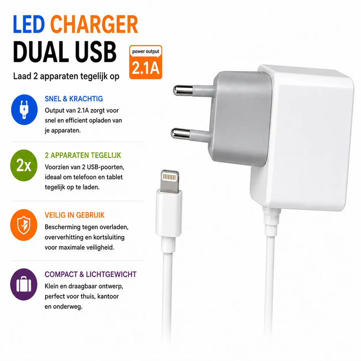 Dual USB Wandlader 2.1A met Lightning Kabel – USB Oplader – 2 USB Poorten – EU Stekker – Wit-Ilumina Benelux