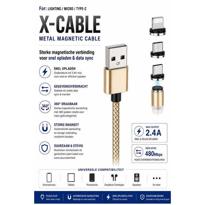 360° Magnetische Oplaadkabel – USB-A naar Lightning / Micro USB / USB-C – Magnetische Fast Charge Datakabel – Goud-Ilumina Benelux
