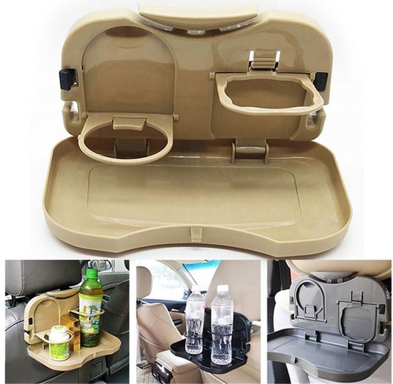 Achterbank autotafel – Hoofdsteun tafelblad met bekerhouder – Eten & drinken – Opvouwbaar – Beige-Ilumina Benelux